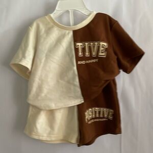 Shein Short Set Beige & Brown Color Block “Positive and Happy” Graphic Tee 5Y